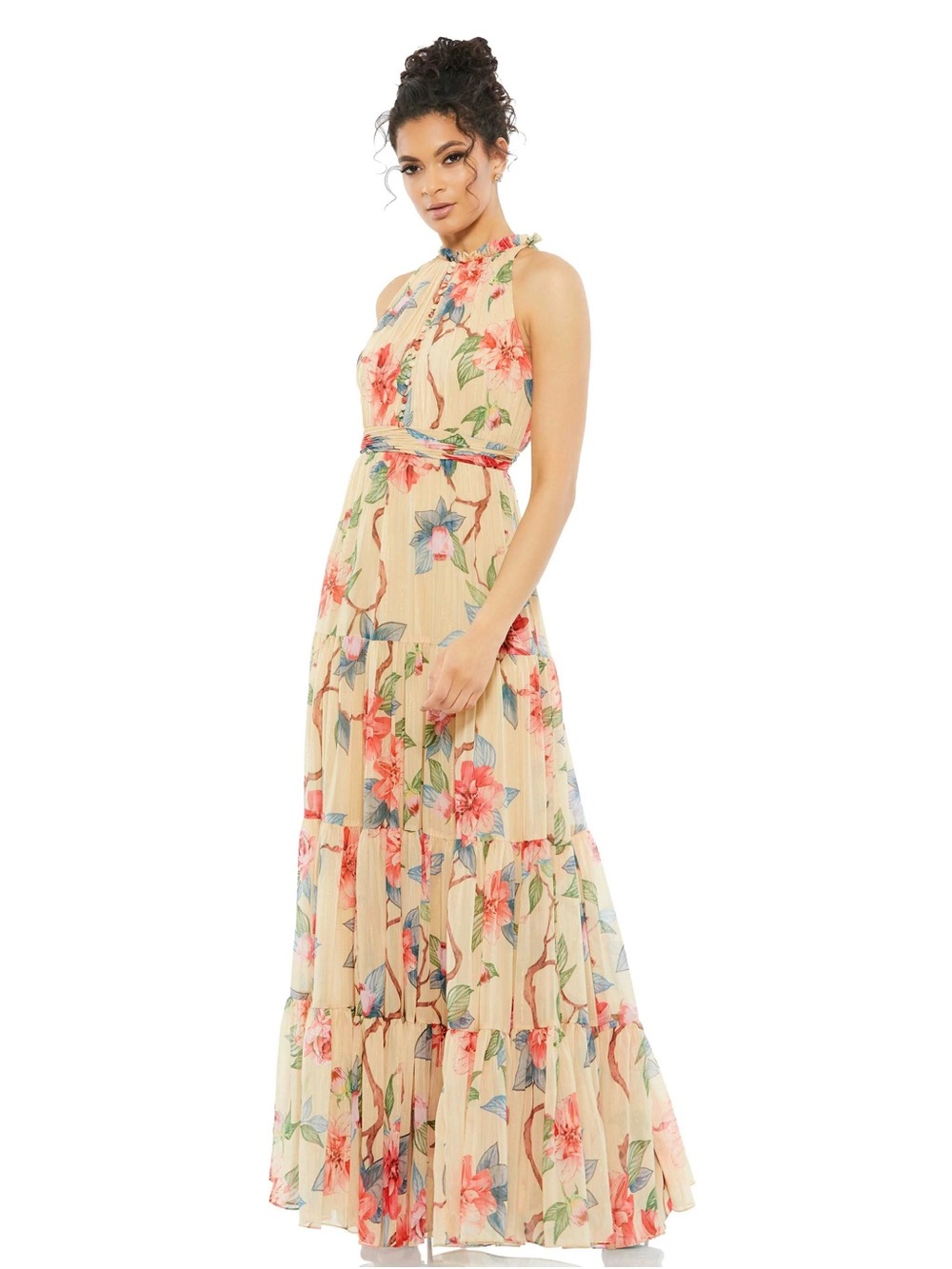 Ieena for Mac Duggal Nude Multicolor Floral Halter Maxi Dress